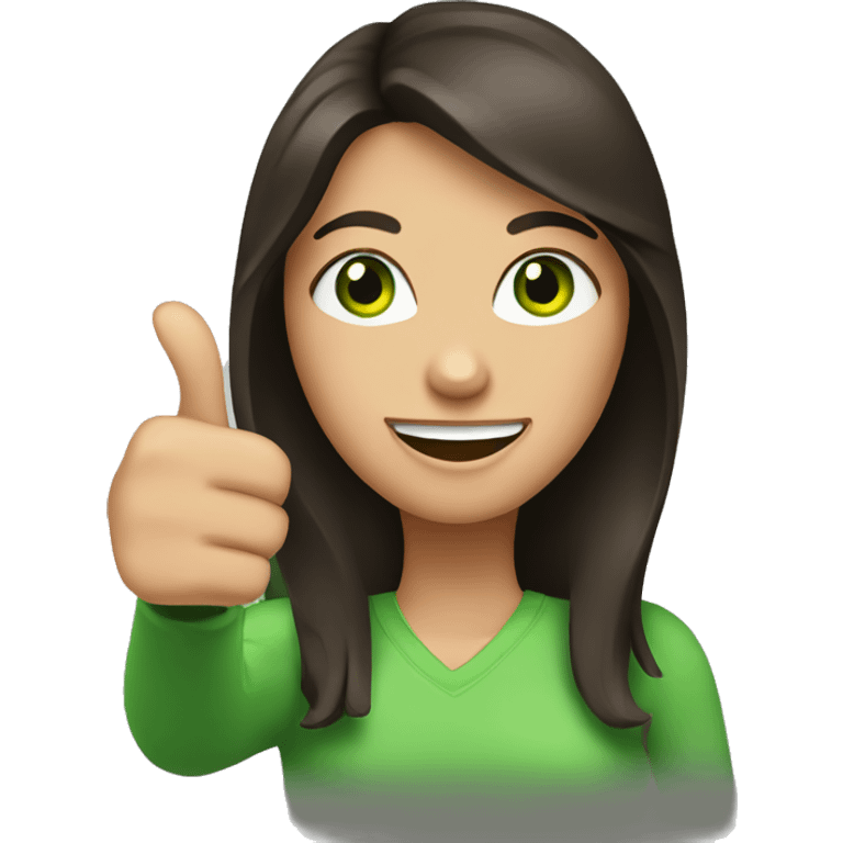 brunette woman with green eyes and thumbs up emoji