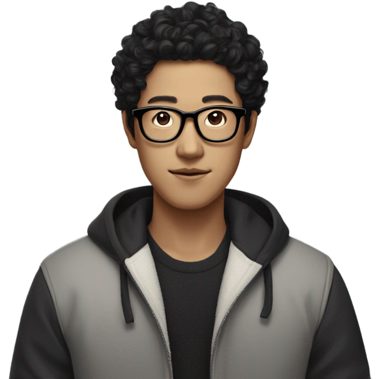 Korean men wearing black curls, black horn-rimmed glasses, and trendy clothes in square space emoji