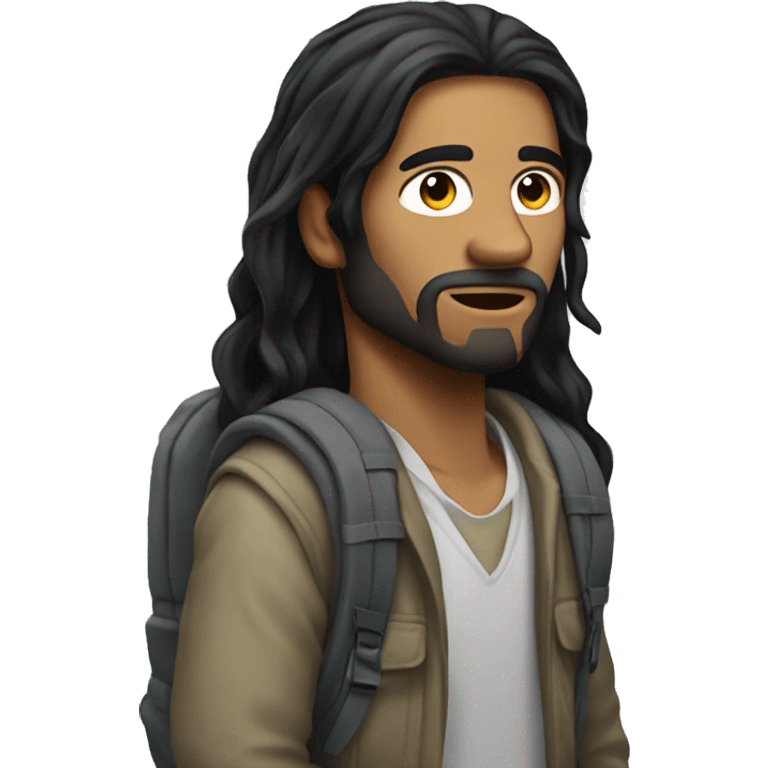 Homeless man with long straight black hair wearing backpack emoji