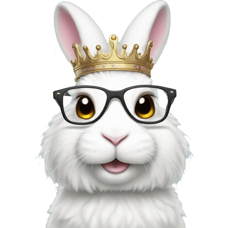 super fluffy white bunny with glasses wearing a crown emoji