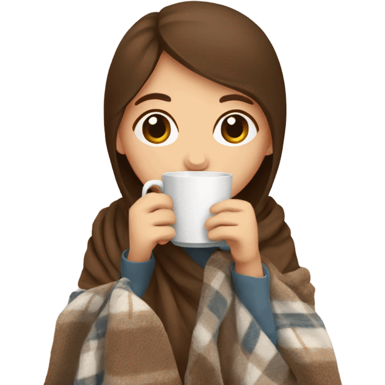 Brown hair Girl drinking coffee, with a cozy blanket emoji