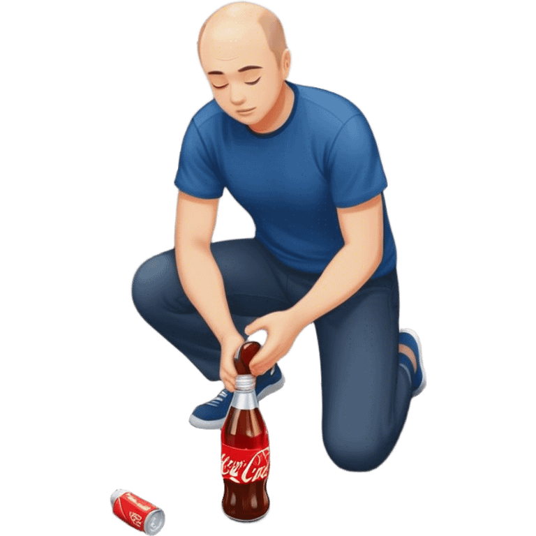 Balding guy, dark blue shirt, kneeling to pick up a coke bottle in a parking lot emoji