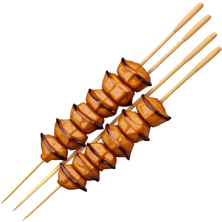 Cinematic Realistic Satay Dish Emoji, depicted as skewered, marinated meat grilled to perfection rendered with rich, smoky textures and dynamic, appetizing lighting. emoji