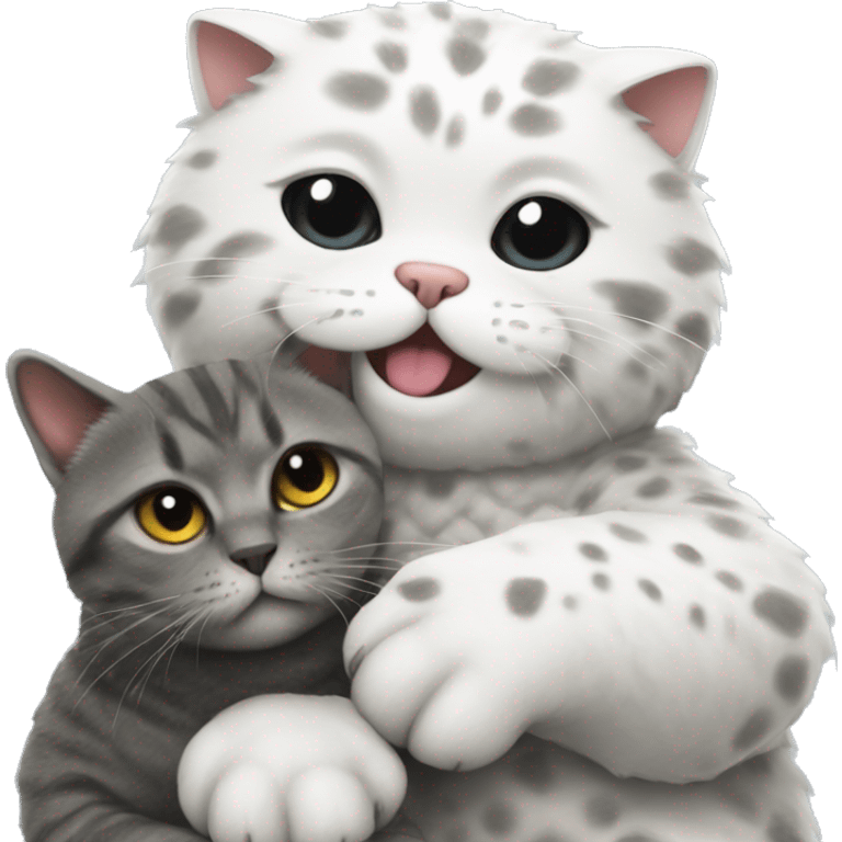 Godzilla is cuddling a cat, a Scottish Fold, fluffy, white with gray spots emoji