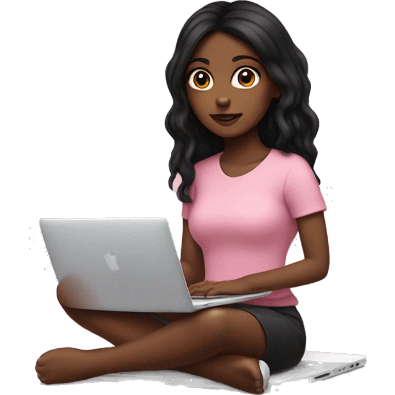 Brown skin girl with black hair sitting at pink MacBook  emoji