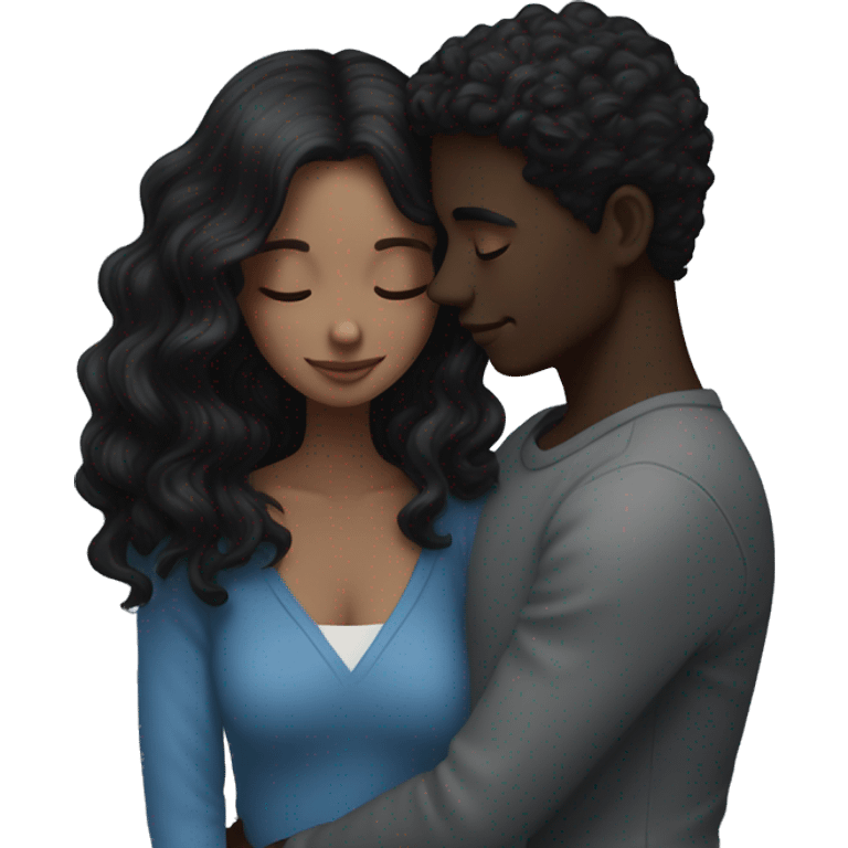 Intimate moment between lovers she  has wavy black Hair with dark skin and he is white with dark brown hair and has blue eyes  emoji