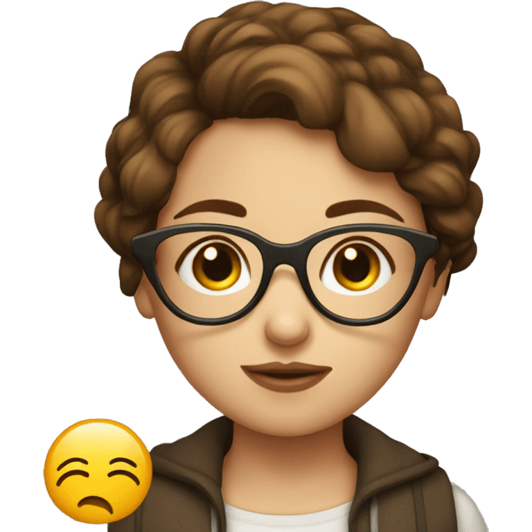 Short brown haired girl with glasses kissing emoji