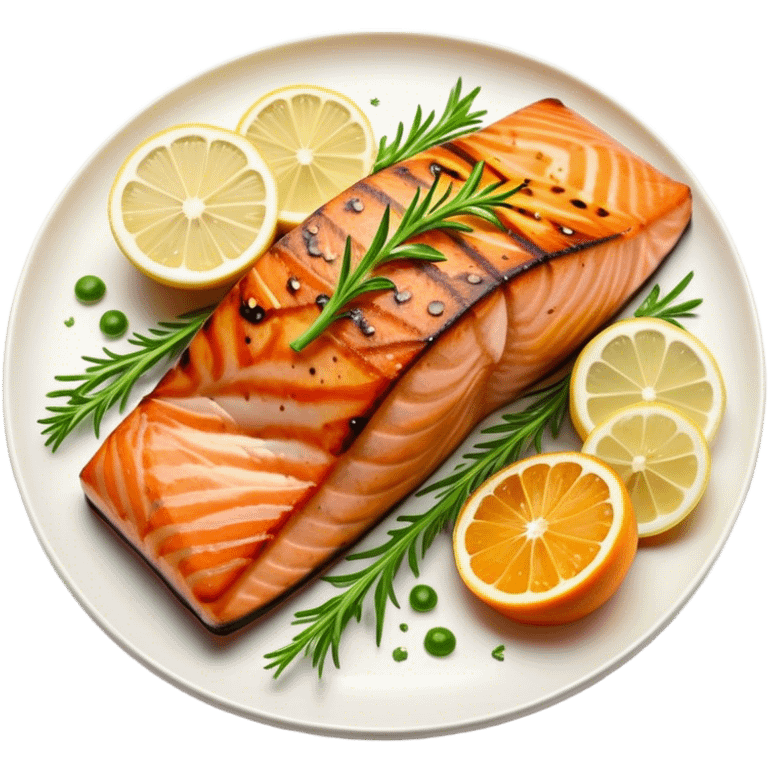 Cinematic perfectly grilled salmon, rich orange hues with crispy skin, garnished with fresh herbs, drizzled with lemon, ultra-detailed and delicious. emoji