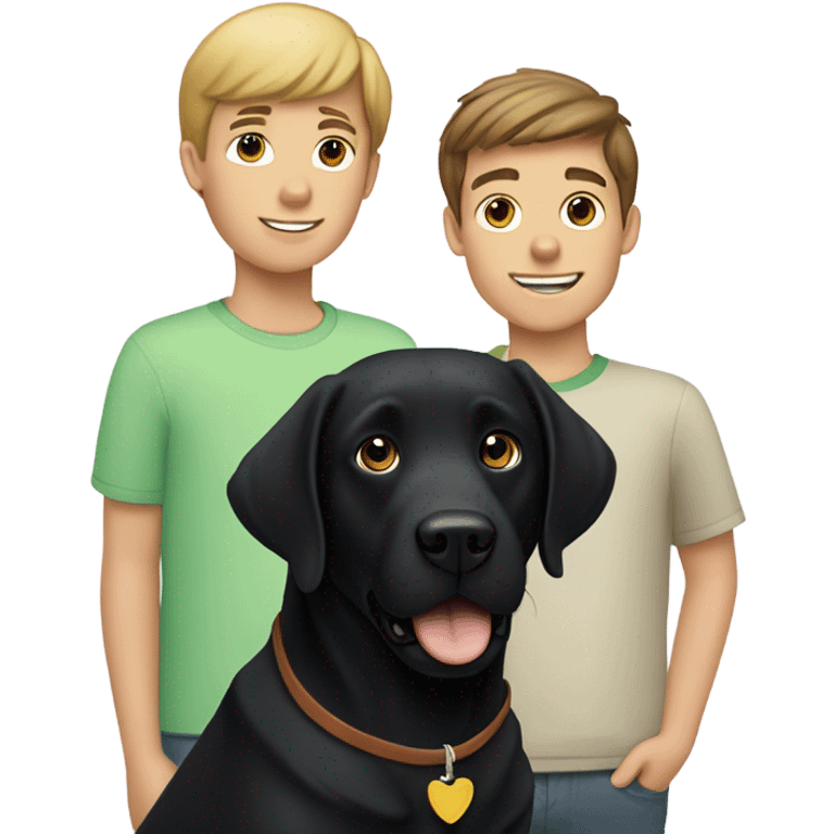 Black Labrador dog with two Caucasian teenage boys both boys have brown hair  emoji