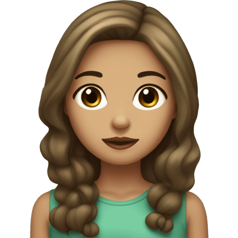 Beige Girl with long brown hair, eyes: one is green-blue, the other is green-brown, black eyebrows and slightly plump lips emoji