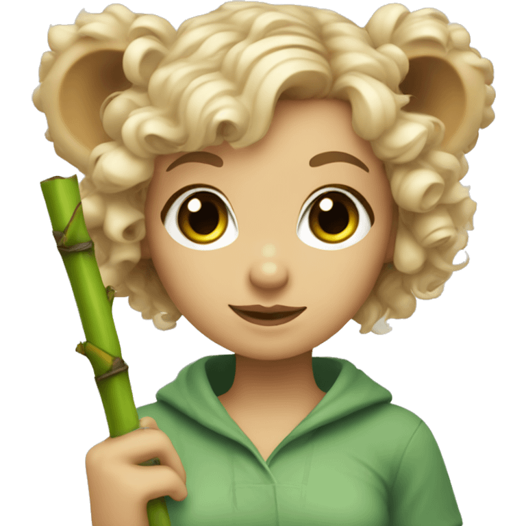 Girl with blonde curly hair and green eyes with koala ears holding bamboo stick  emoji