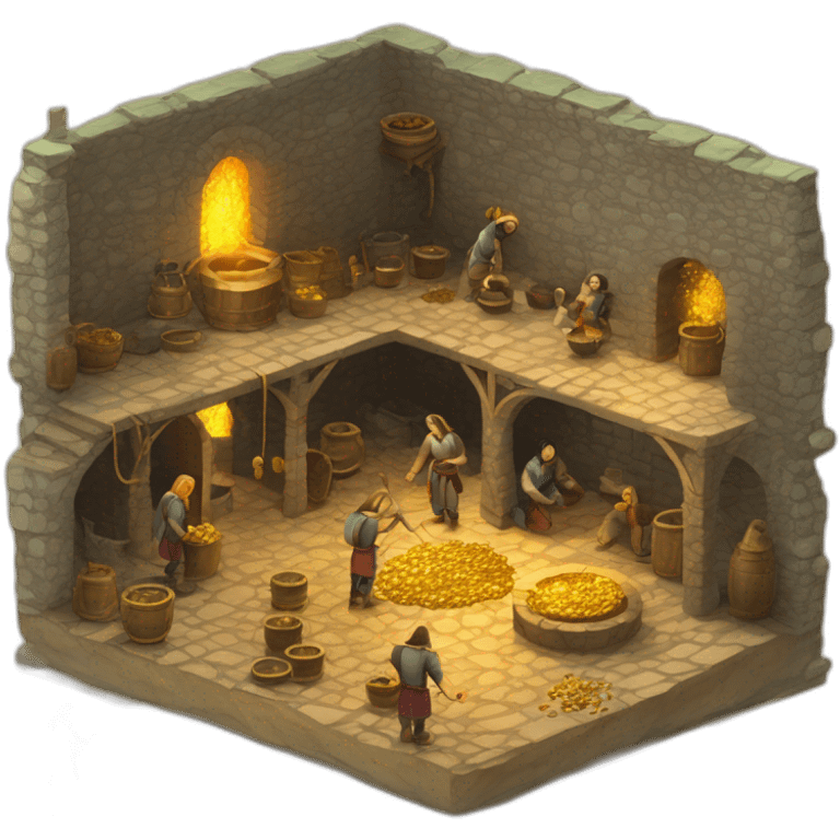 open floor plan of a medieval mint showing different people working, one person on the furnace, some people molding liquid gold into coins emoji