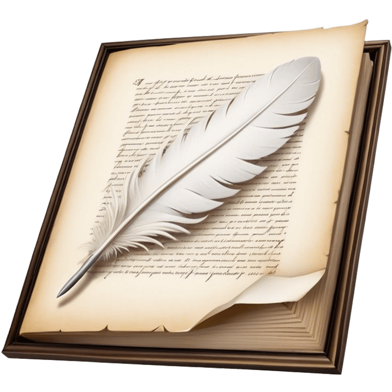 Create a poetic and elegant emoji representing poetry. The design should feature several, gracefully flying pages with short, poetic columns written on them. A white feather quill should be depicted writing on one of the pages, with ink flowing smoothly. The pages should have a soft, antique look, with subtle details to convey the delicate nature of poetry. Use soft, light colors with a romantic, airy feel. Make the background transparent. emoji