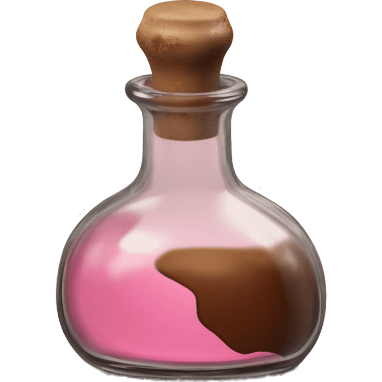 Mysterious Alchemical vintage glass potion bottle, exquisite bottle shape, old and shabby, with label, stylish and minimalistic, brown and pink, oil potion is poured out of the bottle, oil is spilled next to it emoji