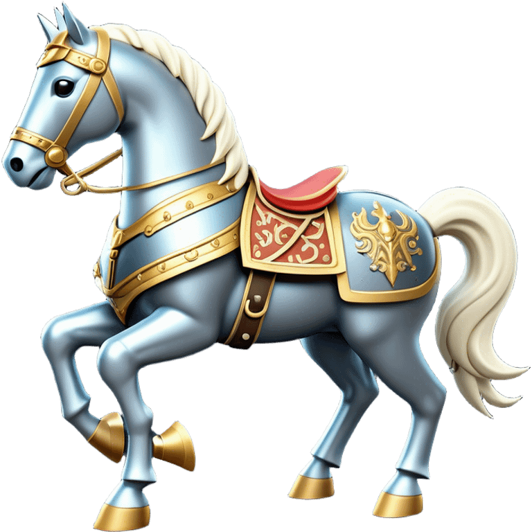 Clash of Clans aesthetic: Cinematic Playful Armored Horse Emoji, rendered in a 3D vector-style similar to standard emojis with minimal shading and bold, simplified shapes. A compact, isometric warhorse outfitted in intricately detailed armor with noble accents, softly glowing with a gallant medieval carriage charm. Simplified yet unmistakably iconic, highly detailed and consistent, glowing with a soft radiant shine and high polish. Stylized with a touch of heroic elegance and a soft glowing outline, capturing the essence of a noble steed ready for battle with a friendly, playful air! emoji