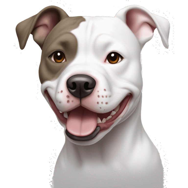 Smiling White American Staffordshire terrier with light gray/brown patches by only her left ear and blue eyes emoji