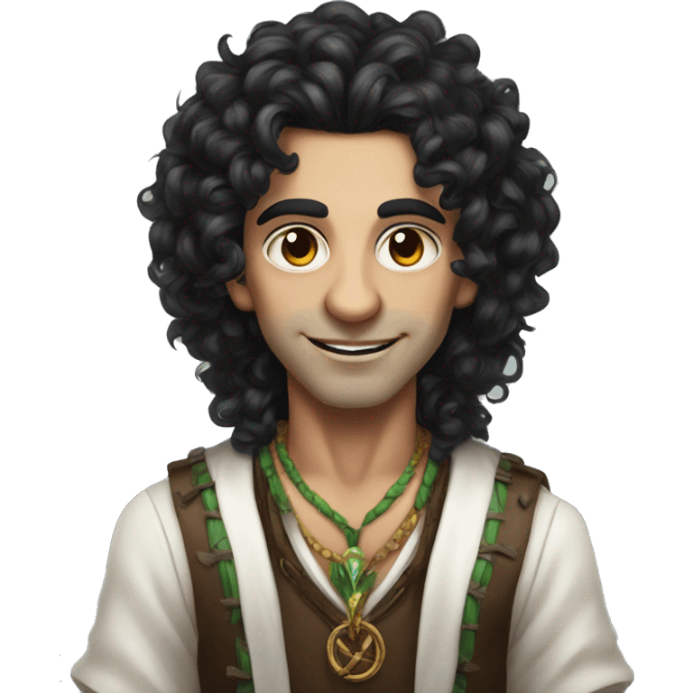 a modern witchdoctor male elf long black curly hair, emoji