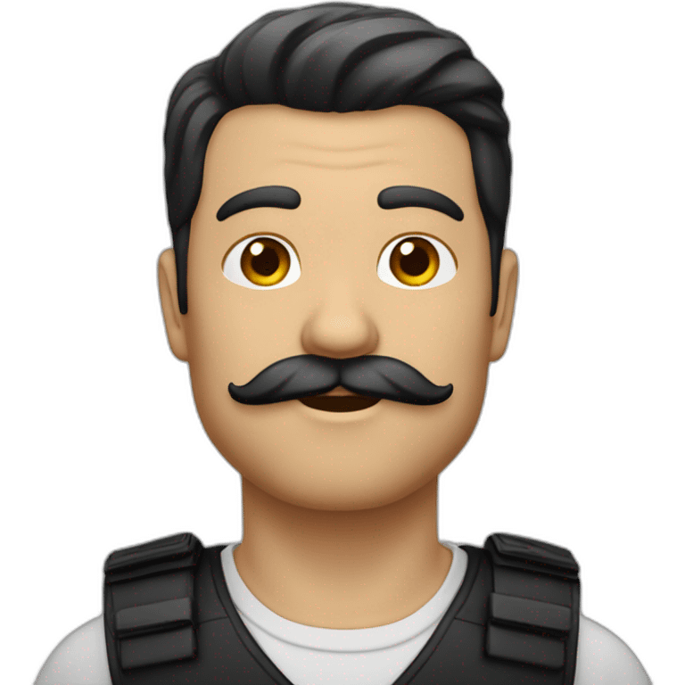 Un homme blanc cheveu noir et moustache noir et cheveux noir plaqué emoji