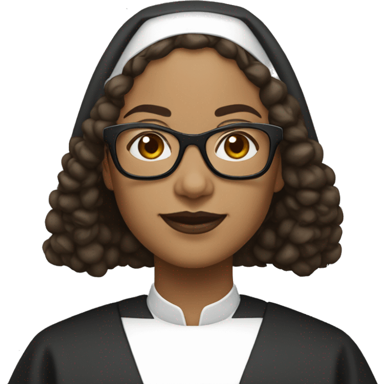 Female nun with medium skin tone and curly hair wearing spike Lee glasses emoji