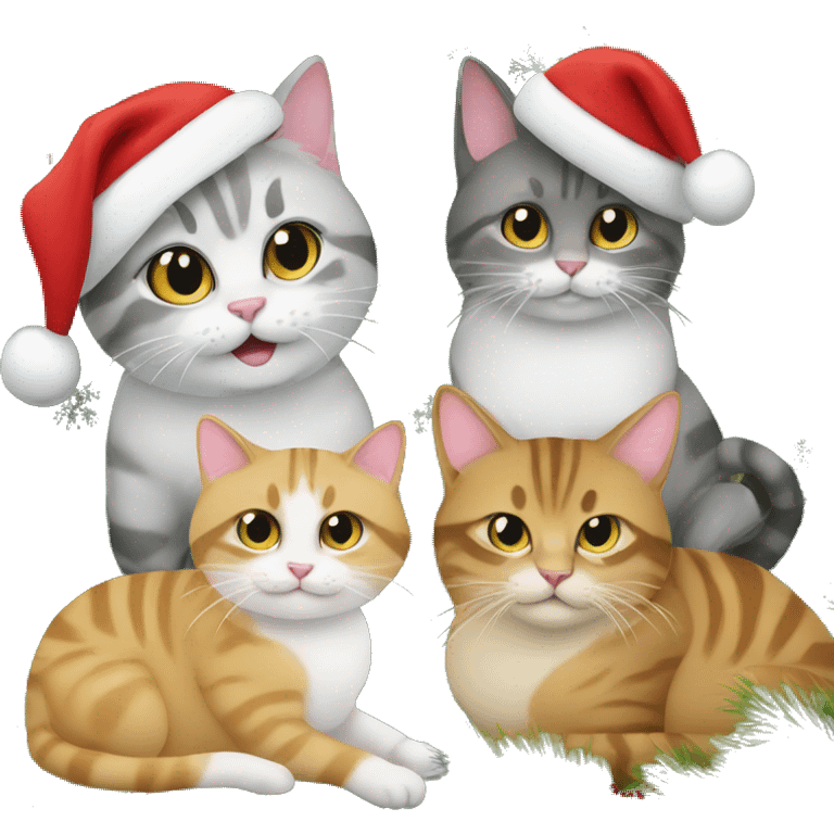 Four different cats sitting under a Christmas tree  emoji