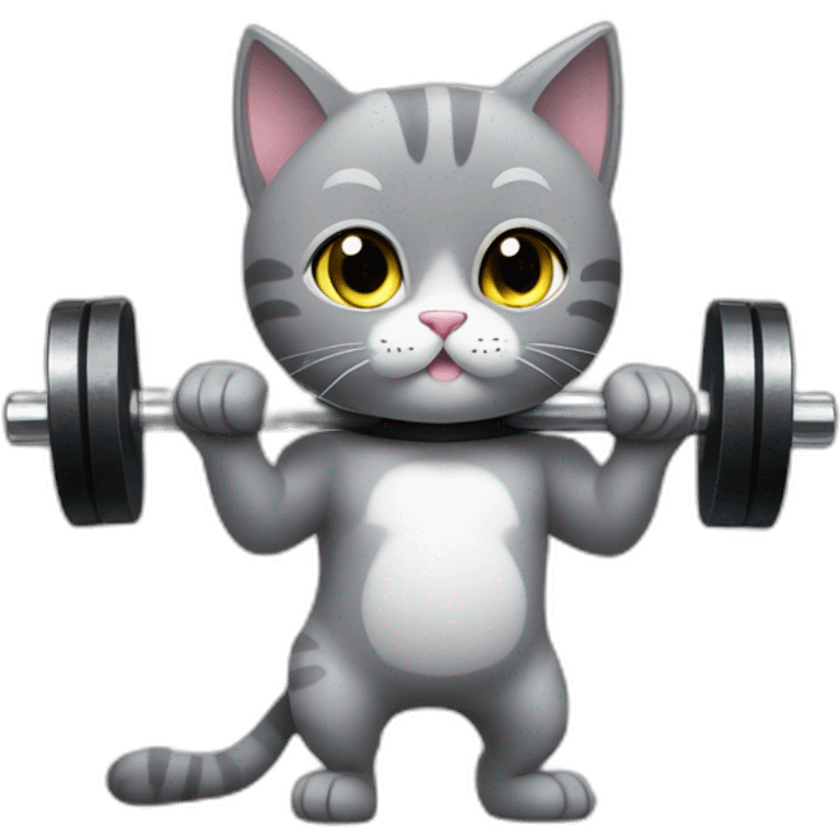 Super cute grey cat working out with black dumbbells bar emoji