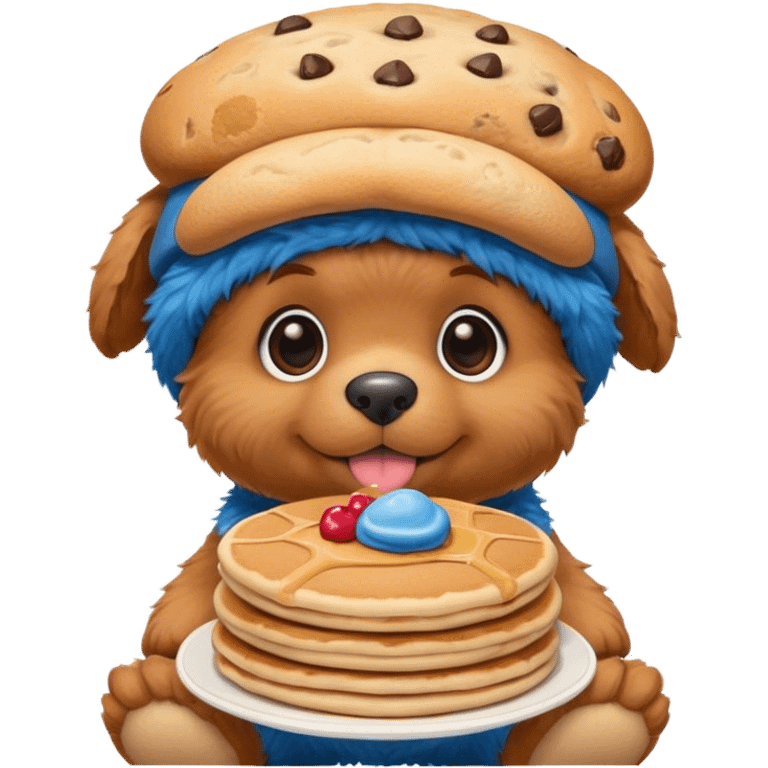 Cute small puppy with a Cookie Monster hat holding a stack of pancake emoji