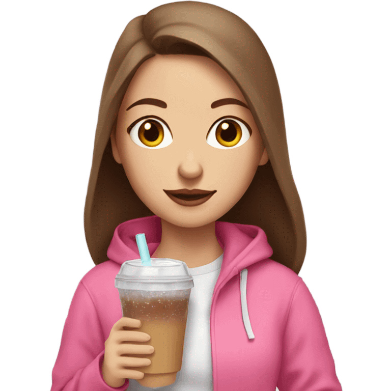 white girl with brown hair in a pink hoodie with iced coffee emoji