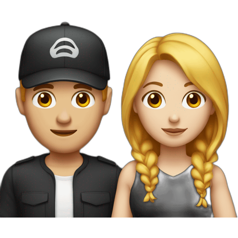 couple blond man with black cap and white shirt, woman with medium red hair shirt with neckline emoji