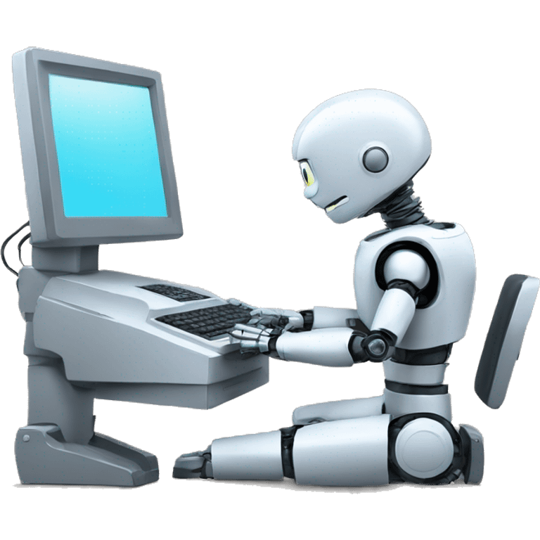 robot typing on computer with thought bubble emoji