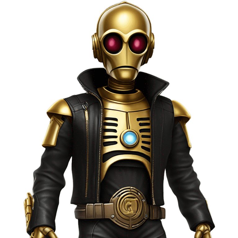 battle rough and tough c3Po wearing Satan’s leather biker outfit with guns hat on head. walking emoji