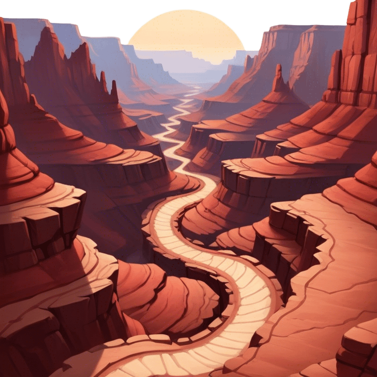 Cinematic Realistic Canyon Emoji, Vast and rugged, with deep red rock formations and winding paths leading down to a dry, dusty floor. Sunlight casts long shadows across the craggy surfaces, highlighting the layers of ancient rock. Soft glowing outline, capturing the essence of dramatic beauty and ancient history in a mighty canyon. emoji