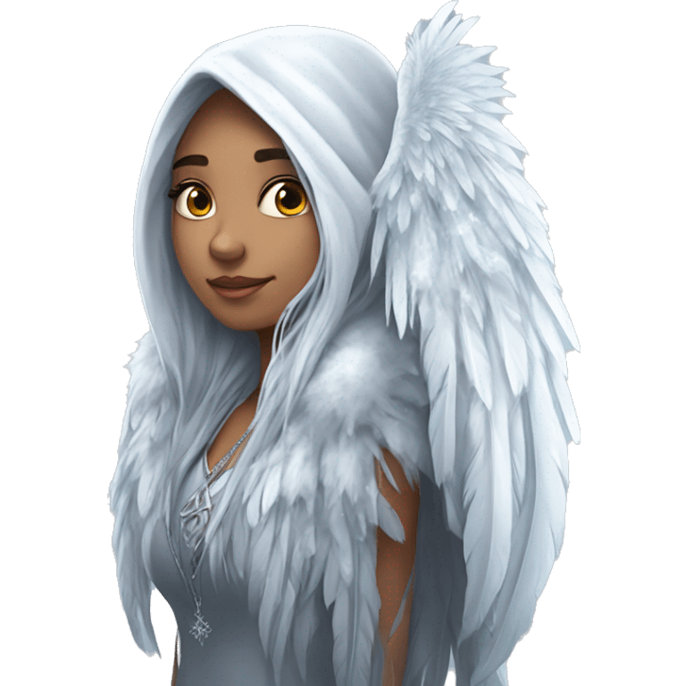 big wings, hood, silver, feather, icy ,snowflake, Beautiful, fairy, long hair emoji