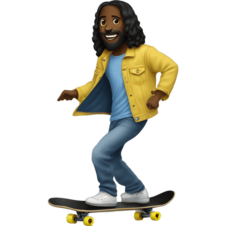 Black Jesus Ollie skateboarding with smiley face T-shirt and a denim jacket  emoji