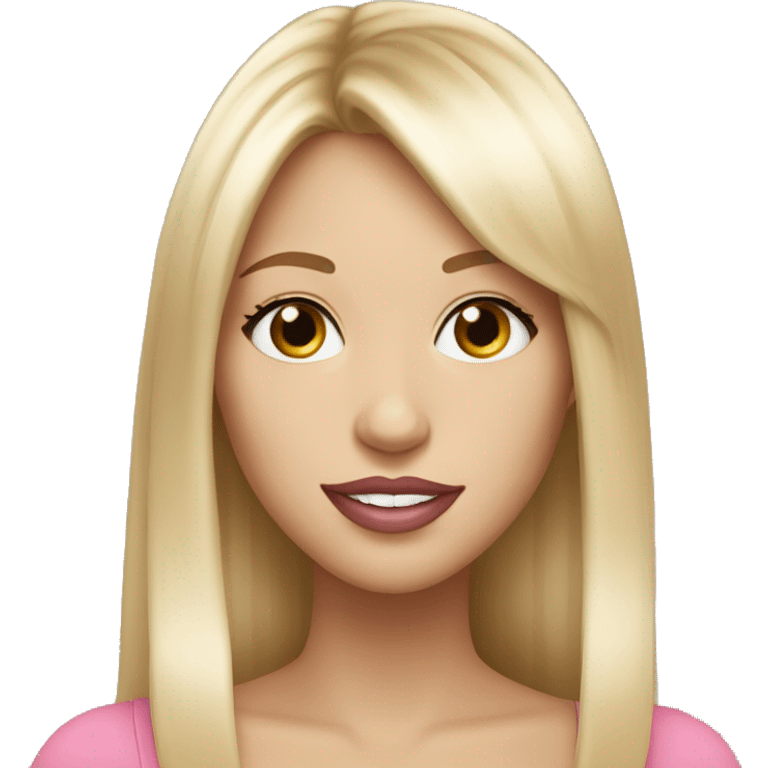 Beautiful woman pink lips with long blonde hair, straight blonde bangs and hazel eyes, happy expression emoji