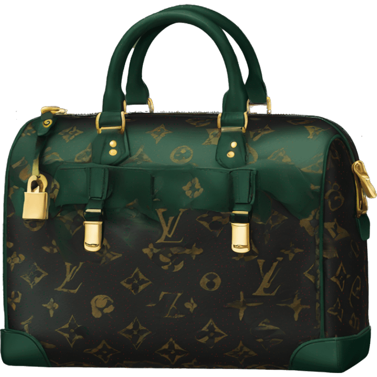 Black Designer Louis Vuitton bag with dark green monogram and dark green trim and gold details emoji