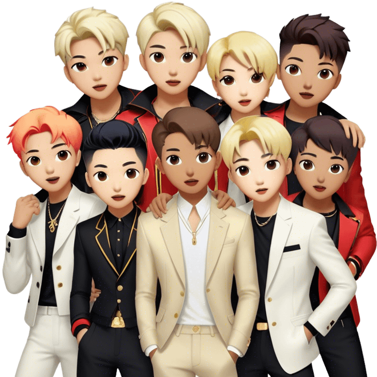 Cinematic Realistic BTS Portrait Emoji, depicted as a dynamic energetic portrayal of the global K-pop group with stylish modern attire and vibrant expressions, rendered with rich textures and bold contemporary lighting that captures their youthful charisma. emoji