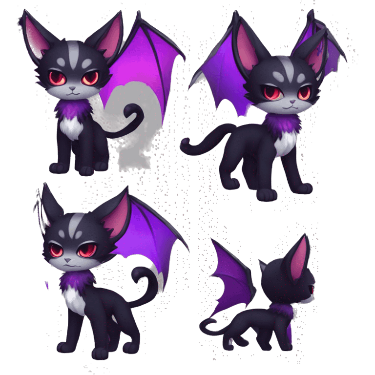 Anthro-Cute-Edgy-Cool-Vampiric-Batty-Cat-Black-Purple-Red-Grey-White-Contrast-Colors-Fantasy-Fur-Sona-Chibi-Shiny-Fakémon-Hybrid with horns full body emoji