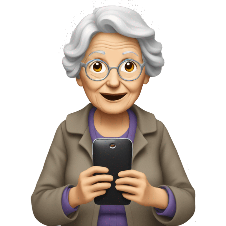 old woman taking a picture with a phone emoji