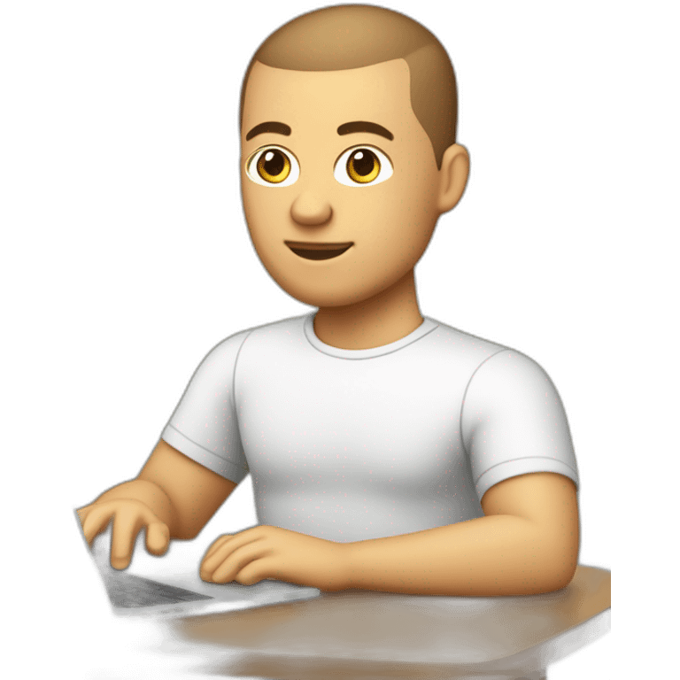 software engineer (white male, brown buzz cut hair, white gold earrings) in front of laptop, apple-style emoji