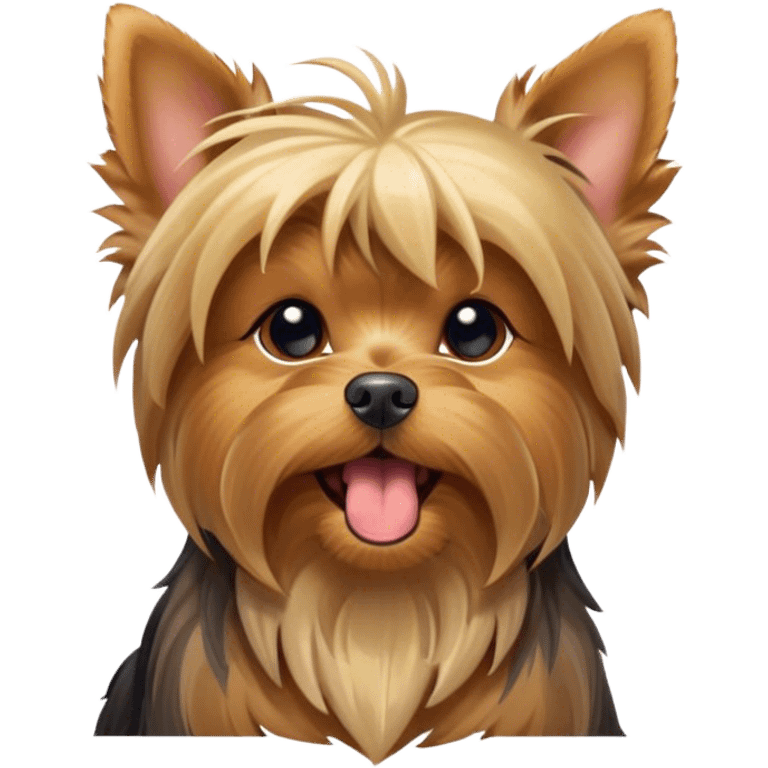 Cinematic Cute Yawning Yorkshire Terrier Portrait Emoji, Head tilted with a playful, drowsy expression and droopy, adorable eyes, featuring a soft, well-groomed fur in rich hues, simplified yet irresistibly endearing, highly detailed, glowing with a warm, cozy radiance, high shine, exuding a relaxed yet spunky charm, styled with a gentle, soft glowing outline, capturing the essence of a Yorkshire Terrier mid-yawn that seems as if it could cuddle right off the screen! emoji