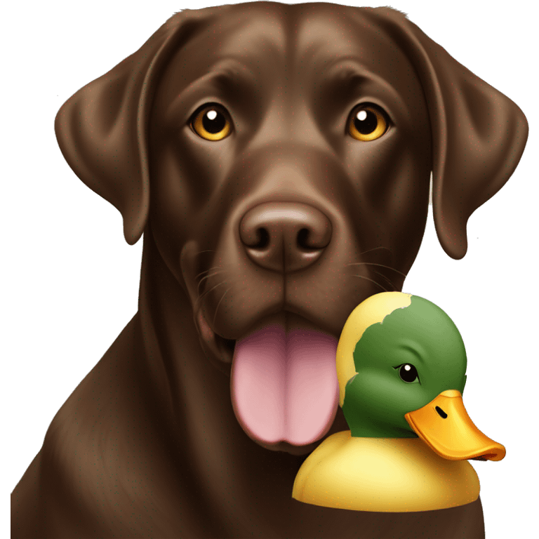 Chocolate Labrador with a camouflage duck in his mouth emoji