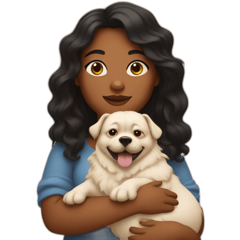 fat girl with  wavy black hairs holding dog in her arms emoji