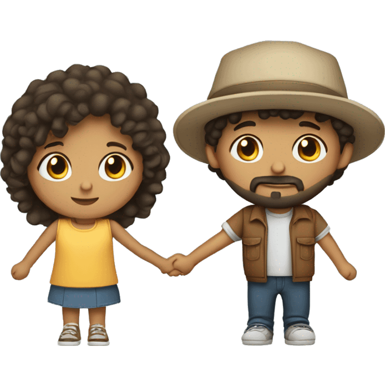 a Hispanic girl with curly hair and an Hispanic boy with a beard and a cap facing backwards, both holding hands emoji