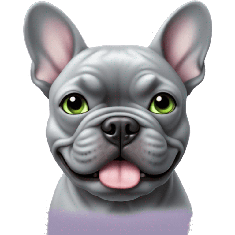 all gray french bulldog with light green eyes with a lavender collar and bottom row of teeth showing emoji