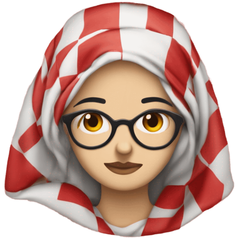 Woman wearing red and white checkered kuffiyeh hands on the side on eye level emoji