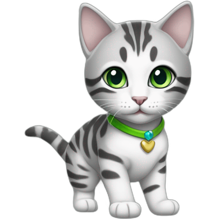 cute light white and grey domestic shorthair tabby with green and blue eyes black pupils, walking and playing wearing a cute costume female emoji