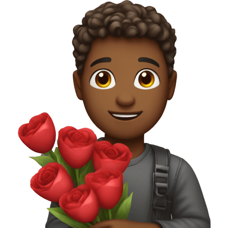 Boy holding valentine's day bouquet in hand emoji