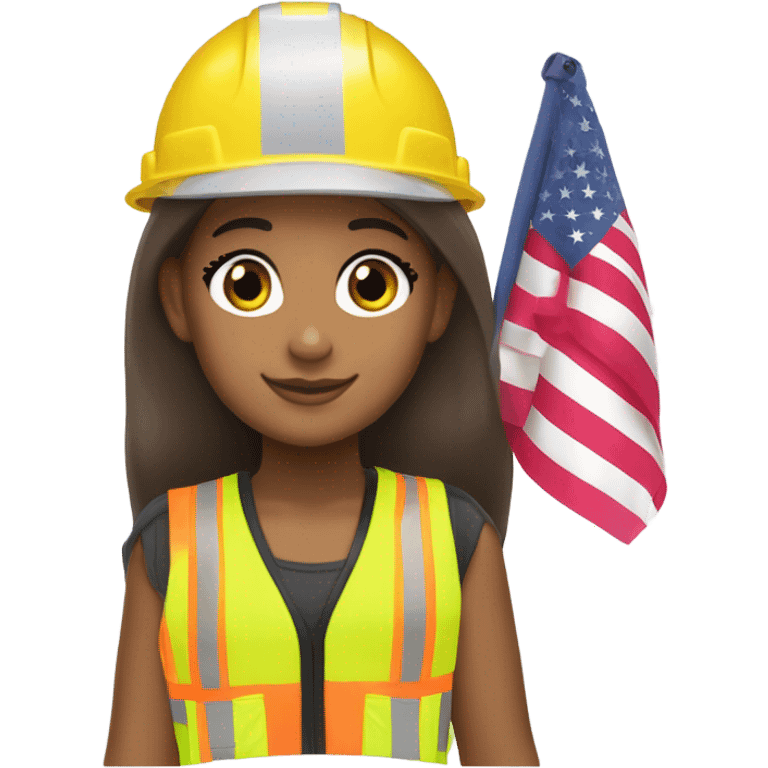 Ariana Grande is a construction worker wearing a patriotic dress with a neon yellow safety vest over the dress. she also has a hard hat and a patriotic patch on the vest emoji