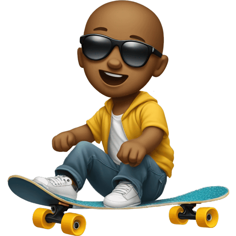 Infant doing kickfip on skateboard wearing sunglasses emoji