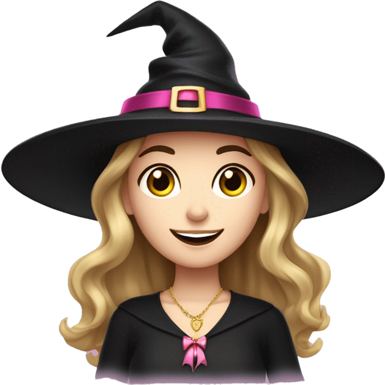 Witchy light brunette haired white girl with a witty smile a gold necklace and a black witch hat with a pink bow emoji